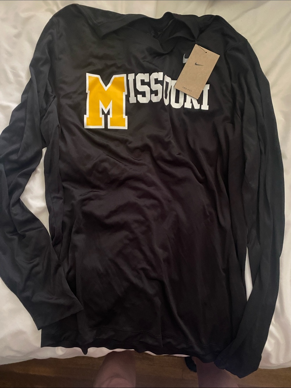 Nike Black Long-Sleeve Tee with Yellow 'M' and White MISSOURI Logo